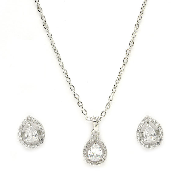 Rhodium Plated Silver Toned Tear Dropped Shaped Crystal White American Diamond Studded Pendant Set