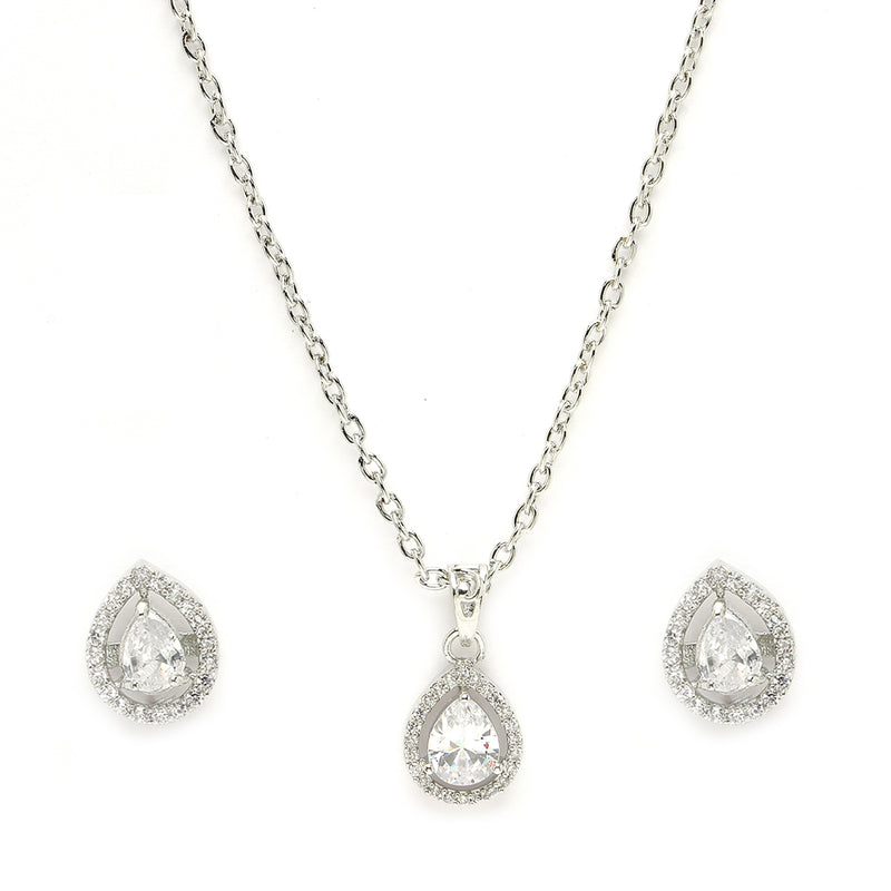 Rhodium Plated Silver Toned Tear Dropped Shaped Crystal White American Diamond Studded Pendant Set