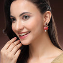 Traditional Gold Plated Oval Shaped Red Stone And Pearl Studded Earrings