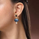 Traditional Gold Plated Oval Shaped Blue Stone And Pearl Studded Earrings