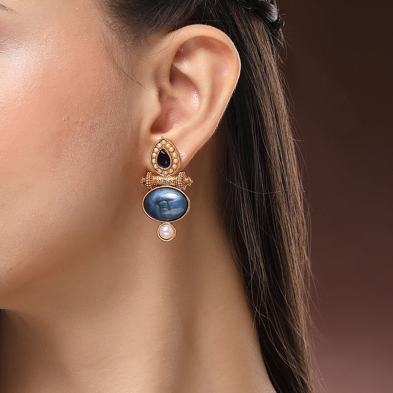 Traditional Gold Plated Oval Shaped Blue Stone And Pearl Studded Earrings