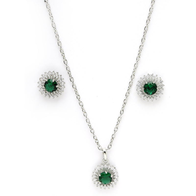 Rhodium Plated Silver Toned Emerald Green American Diamond Studded Pendant Combo With Ring