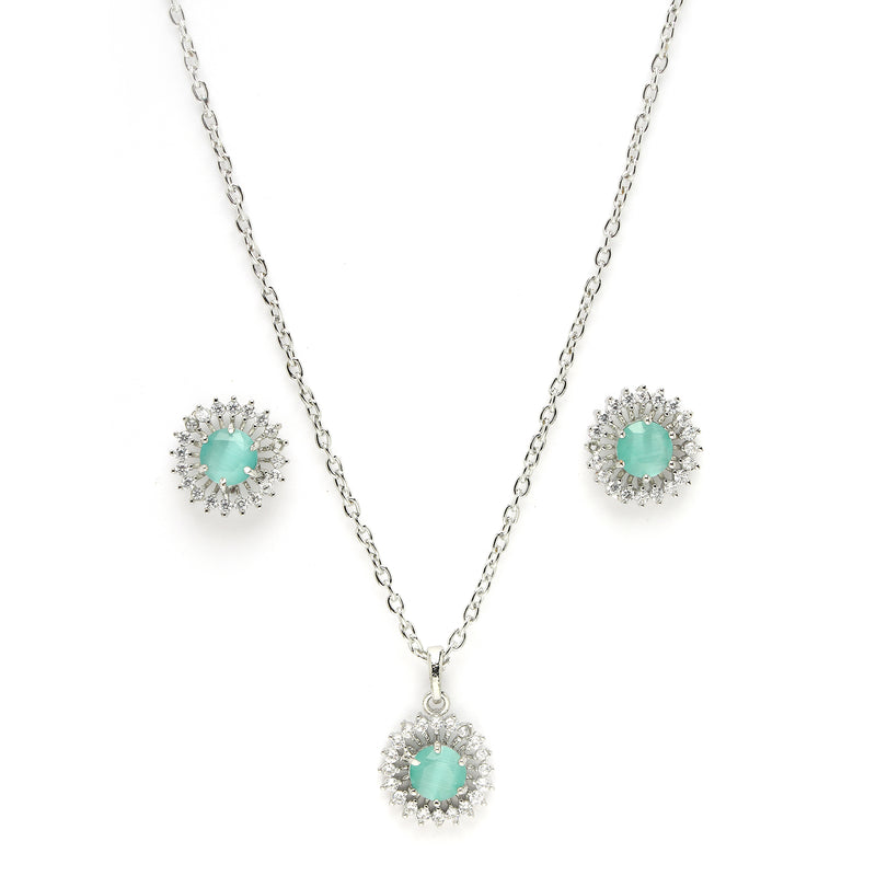 Rhodium Plated Silver Toned Sea Blue American Diamond Studded Pendant Combo With Ring