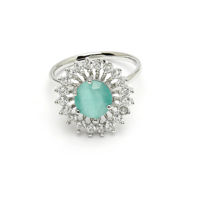 Rhodium Plated Silver Toned Sea Blue American Diamond Studded Pendant Combo With Ring