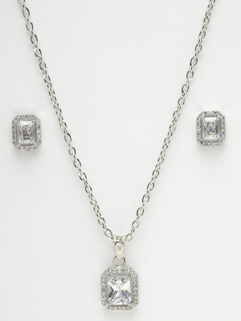 Rhodium Plated Silver Toned Square Shaped White American Diamond Studded Pendant Set