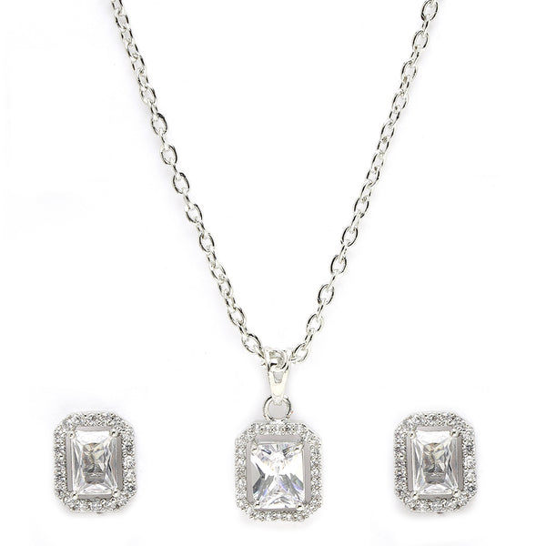 Rhodium Plated Silver Toned Square Shaped White American Diamond Studded Pendant Set