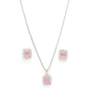 Rhodium Plated Silver Toned Square Shaped Pink American Diamond Studded Pendant Combo With Ring