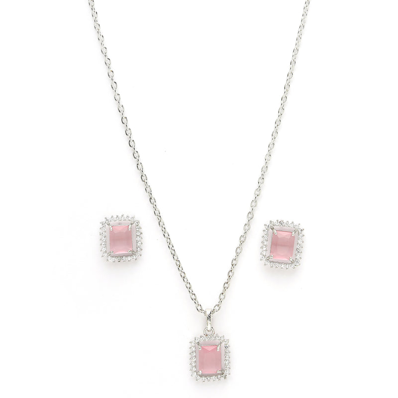 Rhodium Plated Silver Toned Square Shaped Pink American Diamond Studded Pendant Combo With Ring