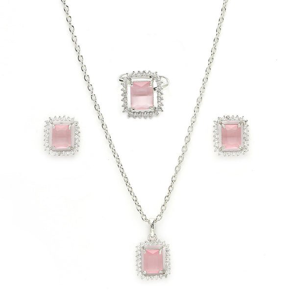Rhodium Plated Silver Toned Square Shaped Pink American Diamond Studded Pendant Combo With Ring
