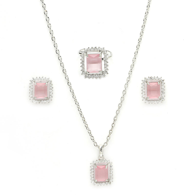 Rhodium Plated Silver Toned Square Shaped Pink American Diamond Studded Pendant Combo With Ring