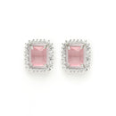 Rhodium Plated Silver Toned Square Shaped Pink American Diamond Studded Pendant Combo With Ring