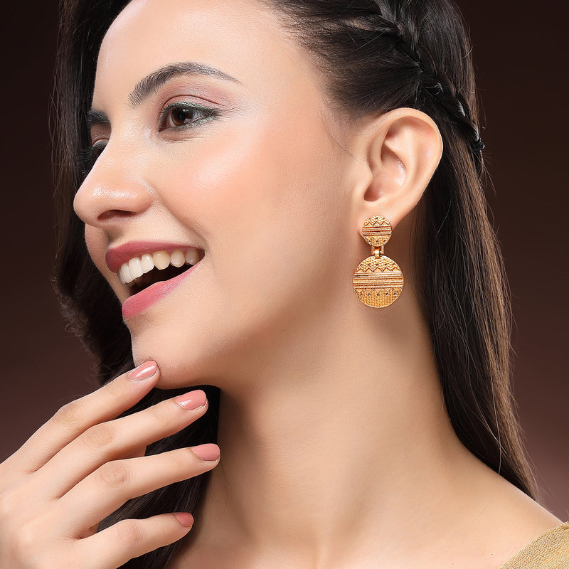 Elegant Gold Plated Circular Shaped Tribal Style Drop Earrings