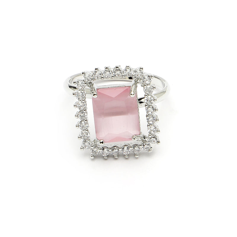 Rhodium Plated Silver Toned Square Shaped Pink American Diamond Studded Pendant Combo With Ring