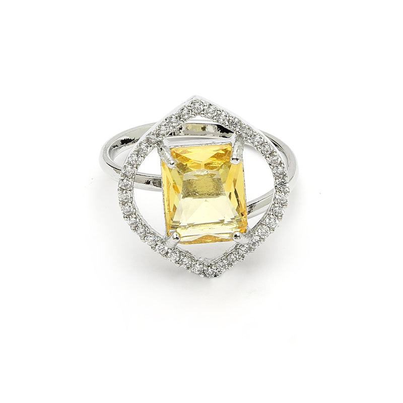 Rhodium Plated Silver Toned Yellow American Diamond Studded Pendant Combo With Ring