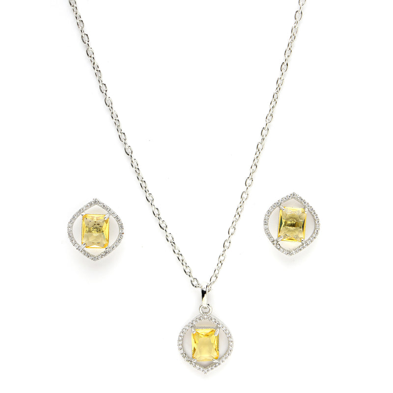 Rhodium Plated Silver Toned Yellow American Diamond Studded Pendant Combo With Ring