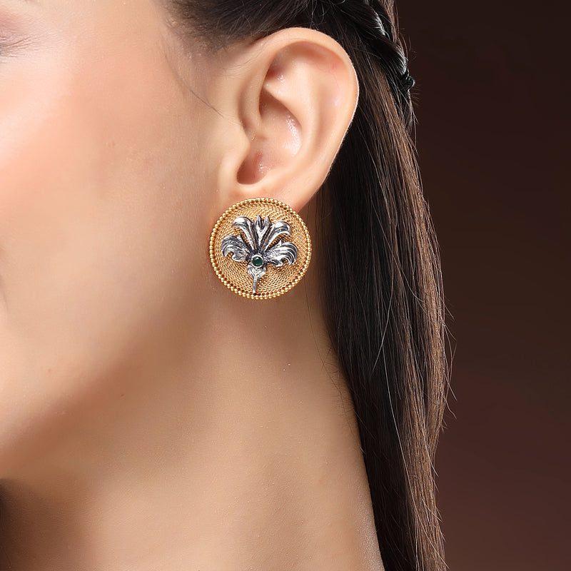 Gold Plated Oxidised Dual Toned Coin Shaped Floral Stud Earrings