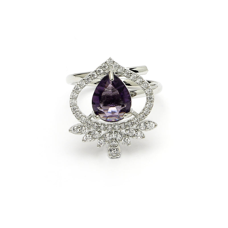 Rhodium Plated Silver Toned Violet Tear dropped  Shaped American Diamond Studded Pendant Combo With Ring