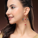 Gold Plated Lotus Shaped Red Stone Studded Pearl Beaded Drop Earrings