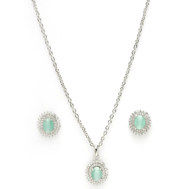 Rhodium Plated Silver Toned Oval Shaped Sea Blue American Diamond Studded Pendant Combo With Ring