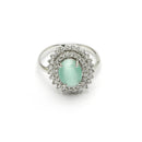 Rhodium Plated Silver Toned Oval Shaped Sea Blue American Diamond Studded Pendant Combo With Ring