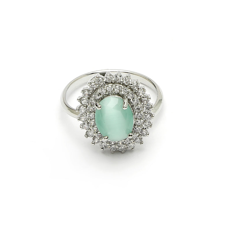 Rhodium Plated Silver Toned Oval Shaped Sea Blue American Diamond Studded Pendant Combo With Ring