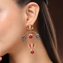 Gold Plated Lotus Shaped Red Stone Studded Pearl Beaded Drop Earrings