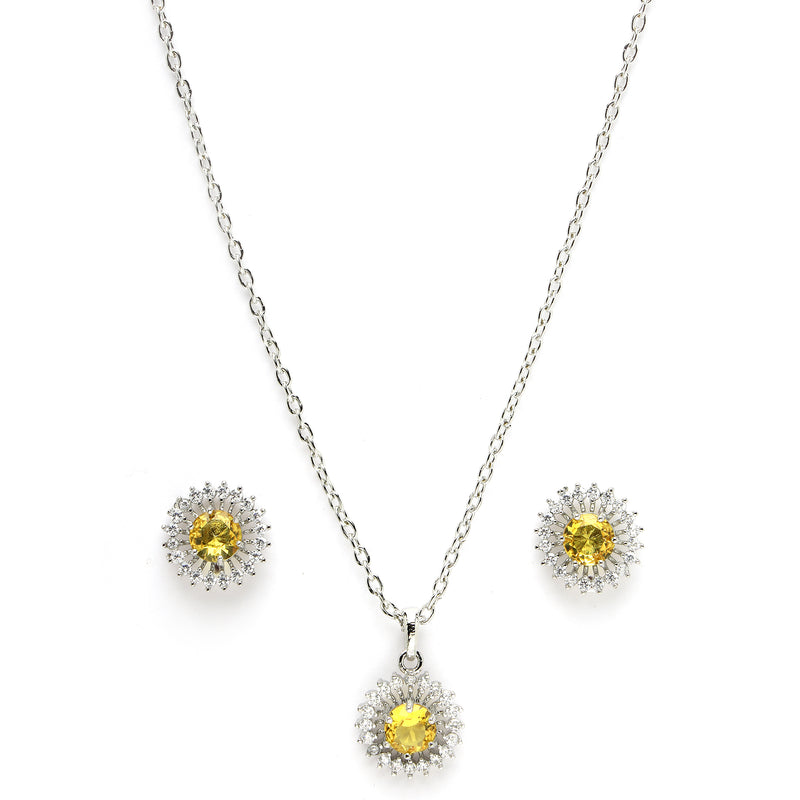Rhodium Plated Silver Toned Crystal Yellow  American Diamond Studded Pendant Combo With Ring