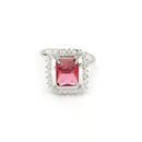 Rhodium Plated Silver Toned Square Shaped Ruby Red American Diamond Studded Pendant Combo With Ring