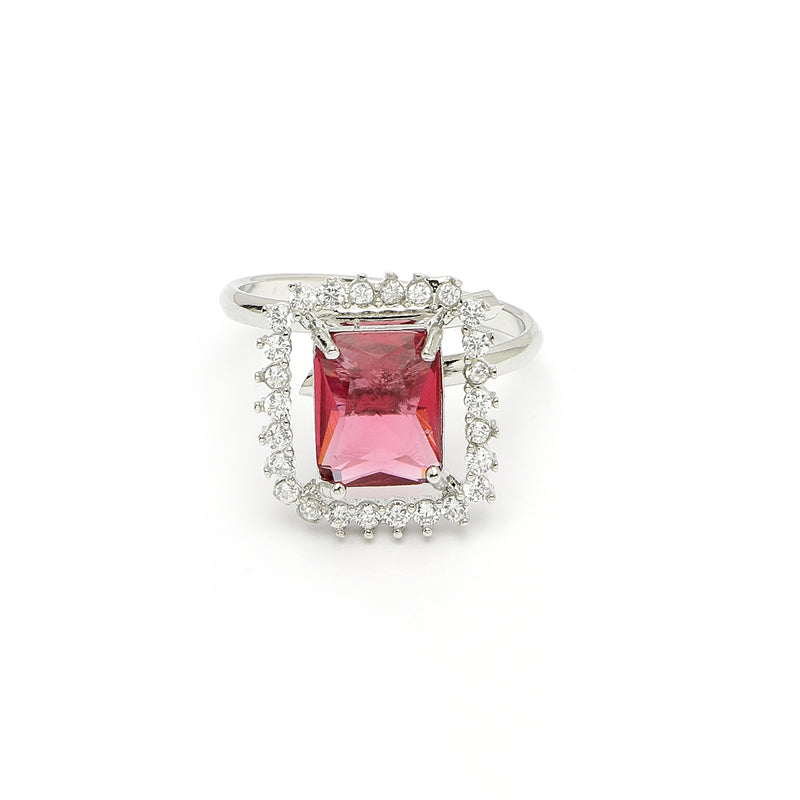 Rhodium Plated Silver Toned Square Shaped Ruby Red American Diamond Studded Pendant Combo With Ring