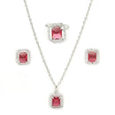 Rhodium Plated Silver Toned Square Shaped Ruby Red American Diamond Studded Pendant Combo With Ring