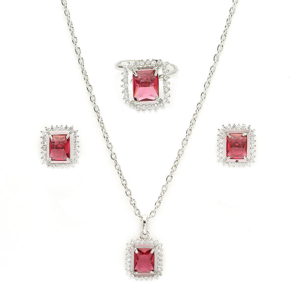 Rhodium Plated Silver Toned Square Shaped Ruby Red American Diamond Studded Pendant Combo With Ring