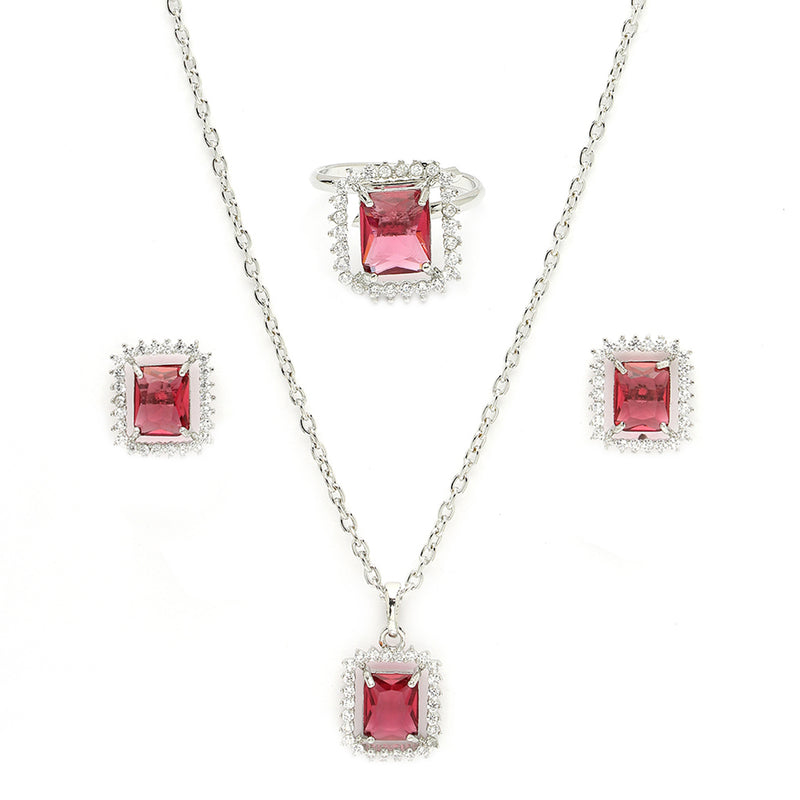 Rhodium Plated Silver Toned Square Shaped Ruby Red American Diamond Studded Pendant Combo With Ring