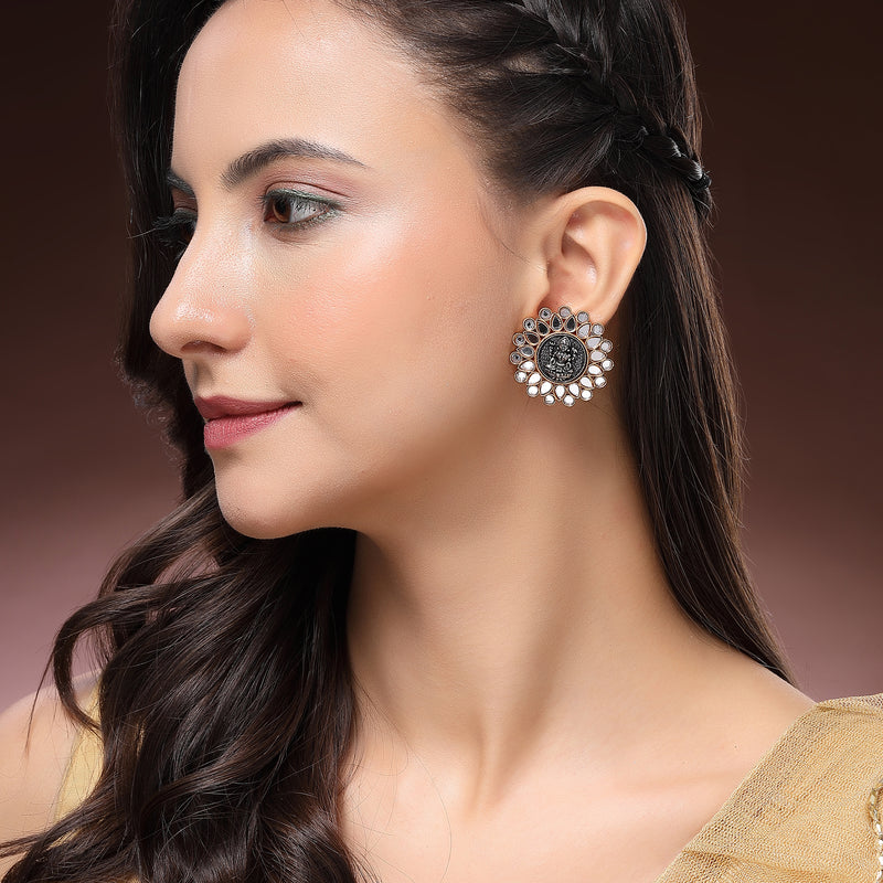 Gold Plated Dual Toned Goddess Laxmi Temple Coin Mirror Studded Stud Earrings