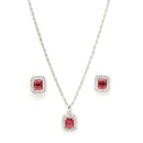 Rhodium Plated Silver Toned Square Shaped Ruby Red American Diamond Studded Pendant Combo With Ring