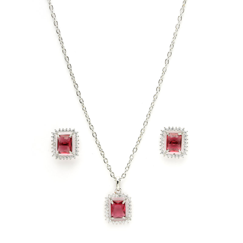 Rhodium Plated Silver Toned Square Shaped Ruby Red American Diamond Studded Pendant Combo With Ring