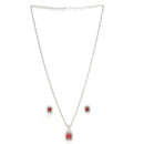 Rhodium Plated Silver Toned Square Shaped Ruby Red American Diamond Studded Pendant Set
