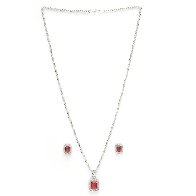 Rhodium Plated Silver Toned Square Shaped Ruby Red American Diamond Studded Pendant Set