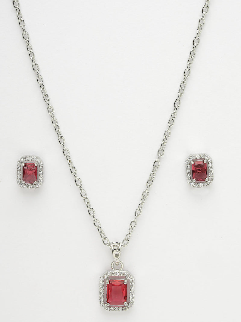 Rhodium Plated Silver Toned Square Shaped Ruby Red American Diamond Studded Pendant Set