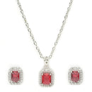 Rhodium Plated Silver Toned Square Shaped Ruby Red American Diamond Studded Pendant Set
