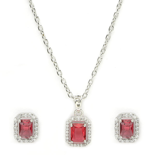 Rhodium Plated Silver Toned Square Shaped Ruby Red American Diamond Studded Pendant Set