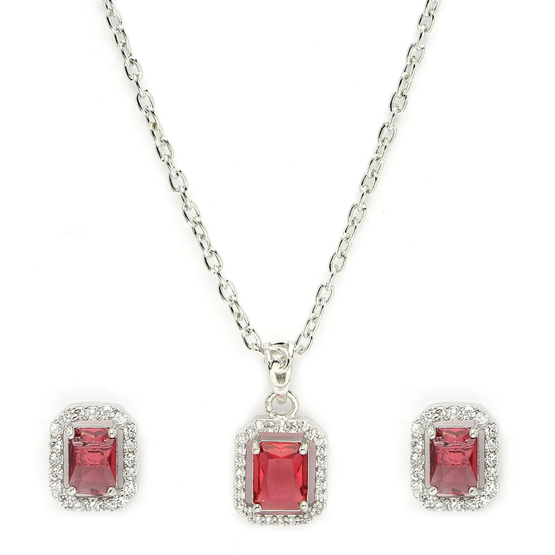 Rhodium Plated Silver Toned Square Shaped Ruby Red American Diamond Studded Pendant Set