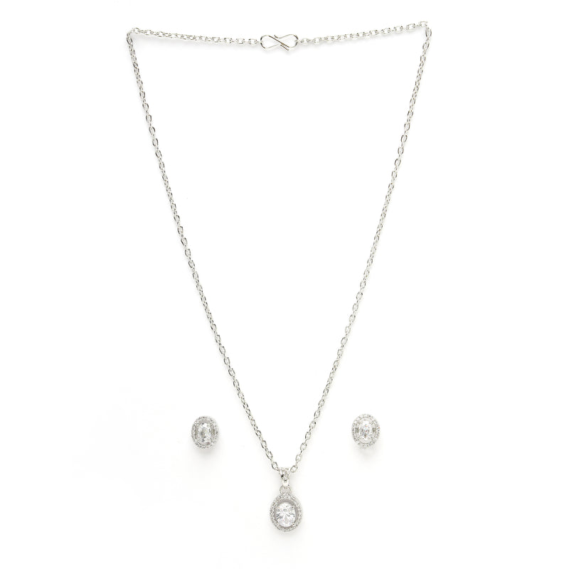 Rhodium Plated Silver Toned Oval Shaped White American Diamond Studded Pendant Set