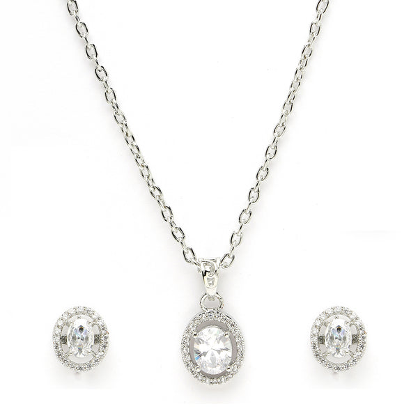 Rhodium Plated Silver Toned Oval Shaped White American Diamond Studded Pendant Set
