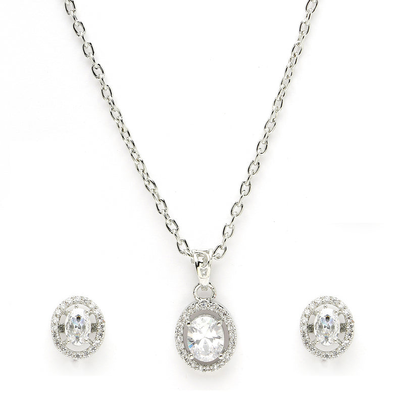 Rhodium Plated Silver Toned Oval Shaped White American Diamond Studded Pendant Set