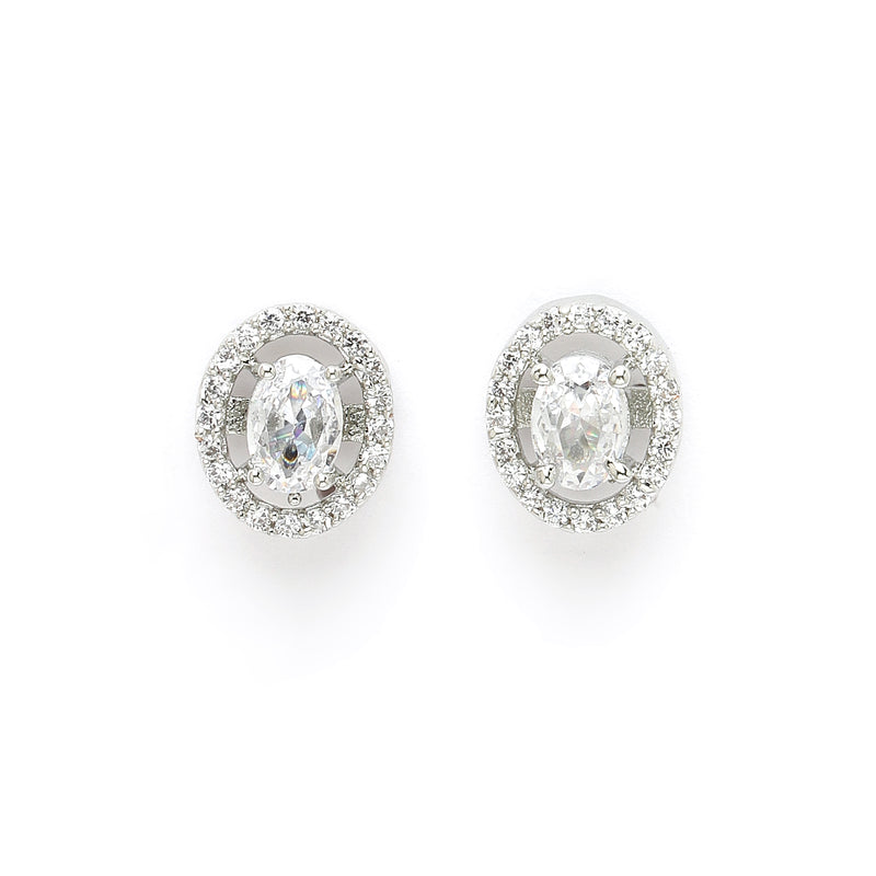 Rhodium Plated Silver Toned Oval Shaped White American Diamond Studded Pendant Set