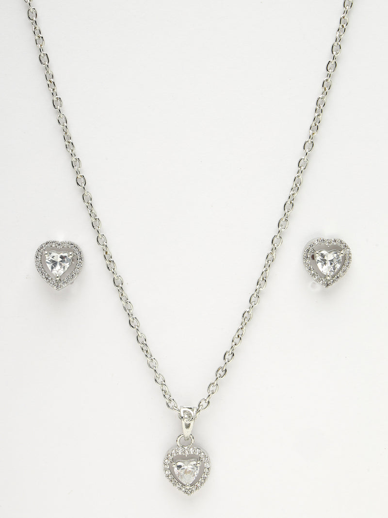 Rhodium Plated Silver Toned Heart Shaped White American Diamond Studded Pendant Set