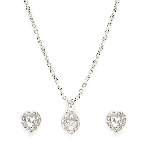 Rhodium Plated Silver Toned Heart Shaped White American Diamond Studded Pendant Set
