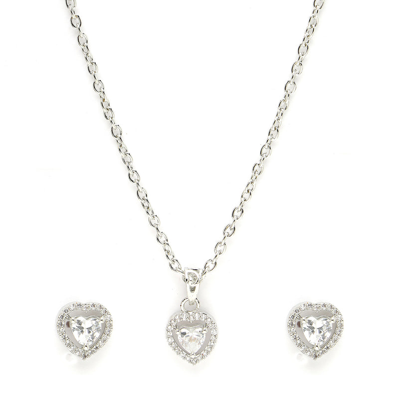Rhodium Plated Silver Toned Heart Shaped White American Diamond Studded Pendant Set