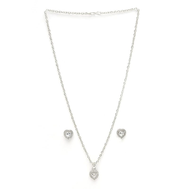 Rhodium Plated Silver Toned Heart Shaped White American Diamond Studded Pendant Set