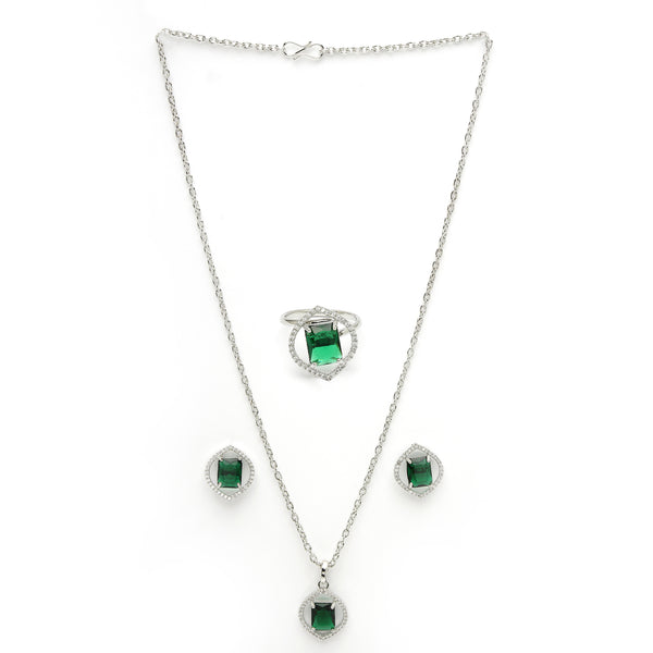 Rhodium Plated Silver Toned Green American Diamond Studded Pendant Combo With Ring
